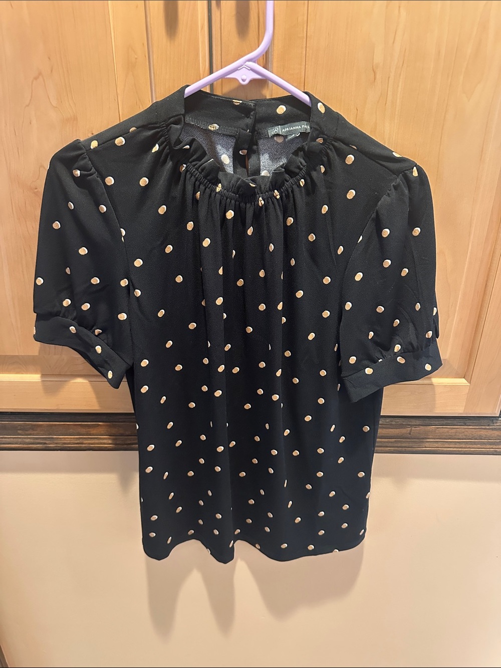 Adrianna Papell Black Blouse with Cream Polka Dots